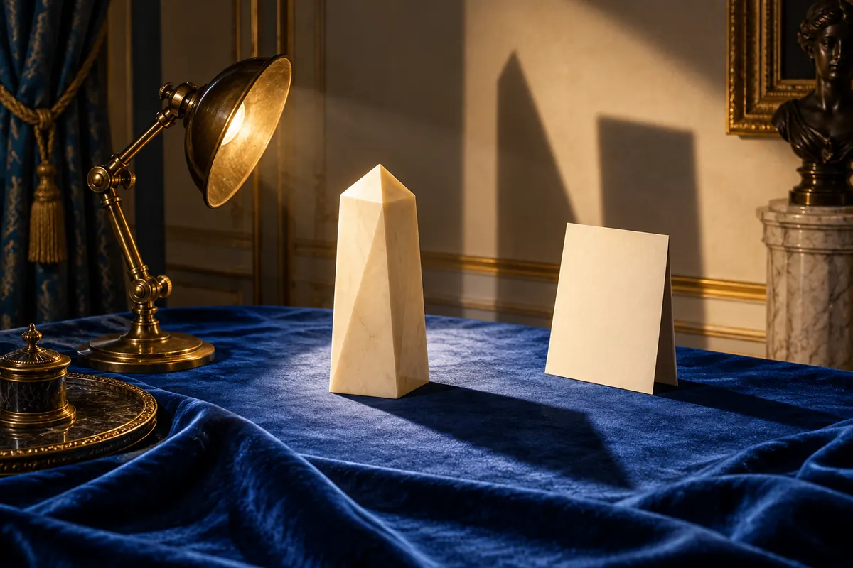 An ivory prism casts different shadows under an adjustable brass lamp.