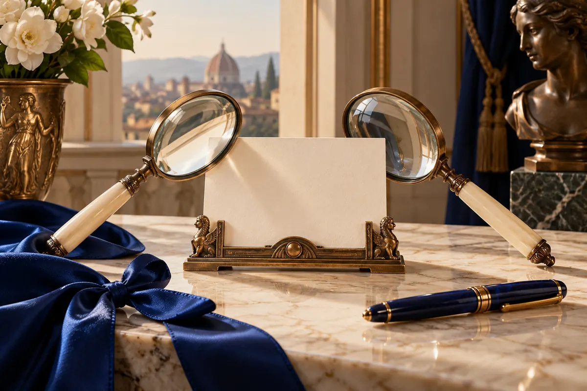 Two ivory-handled magnifying glasses converge on a card in a bronze cradle.