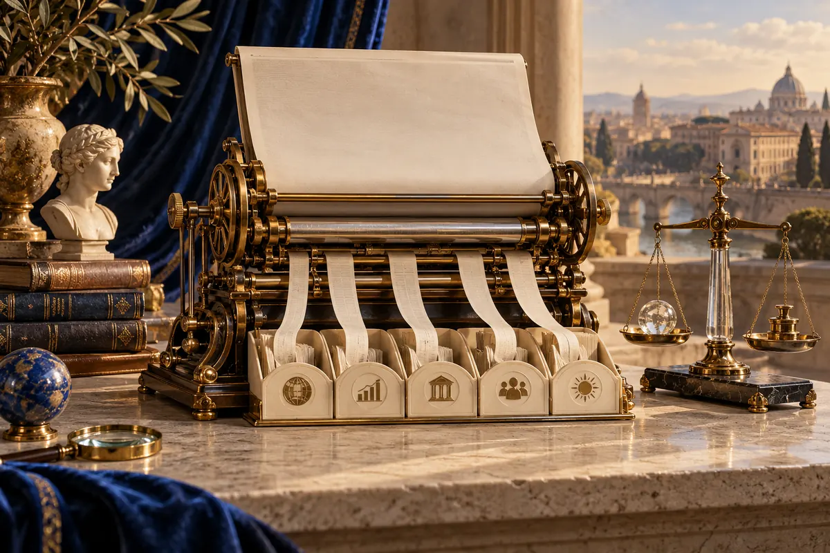 A brass news-indexing machine sorts paper ribbons into ivory compartments beside a glass balance.