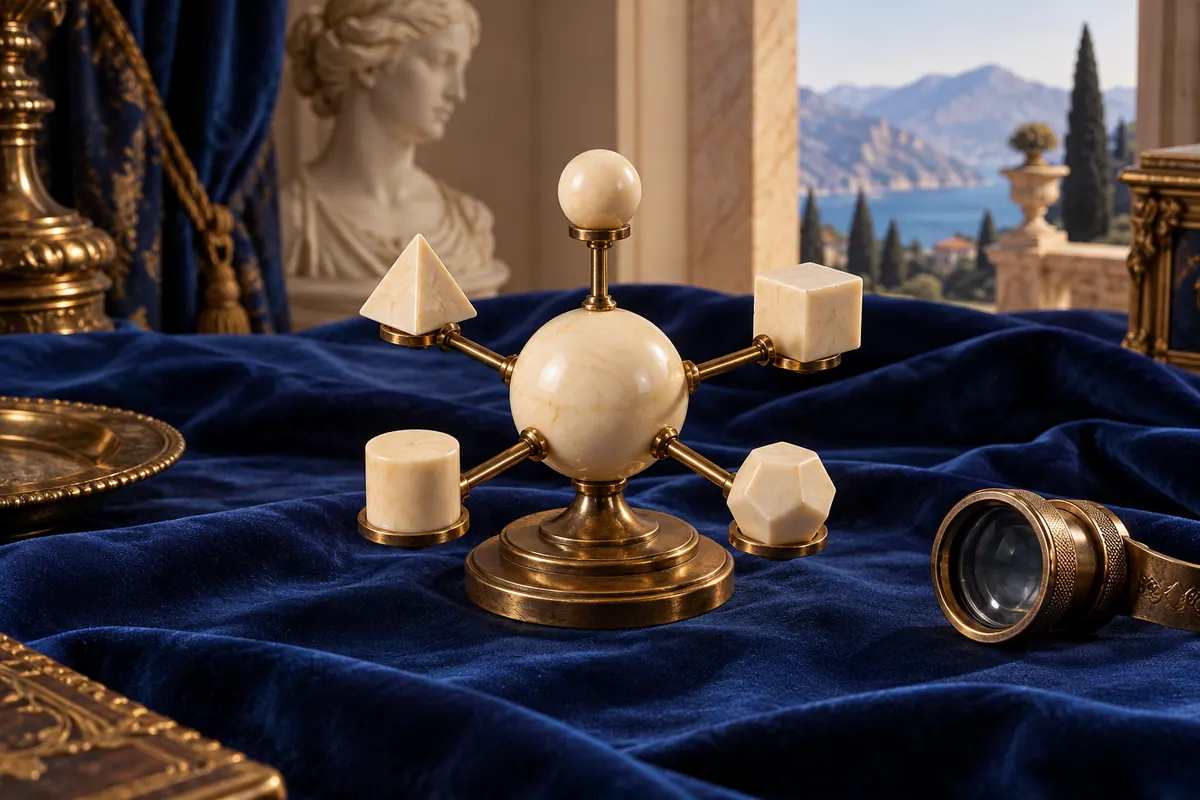 Geometric ivory event participants connect to a central sphere on brass rods.