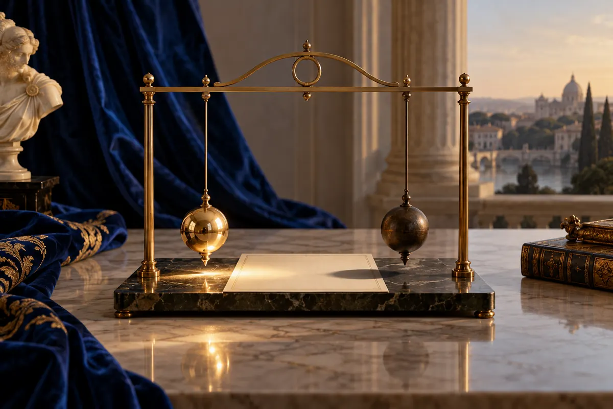Two bronze pendulums cast different reflections over an ivory news card.