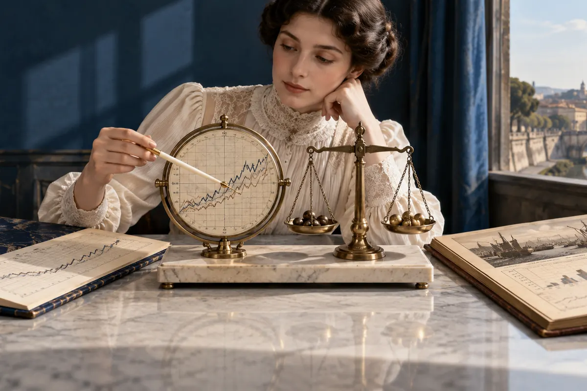 A scholar points to an event-model instrument beside a precision balance.