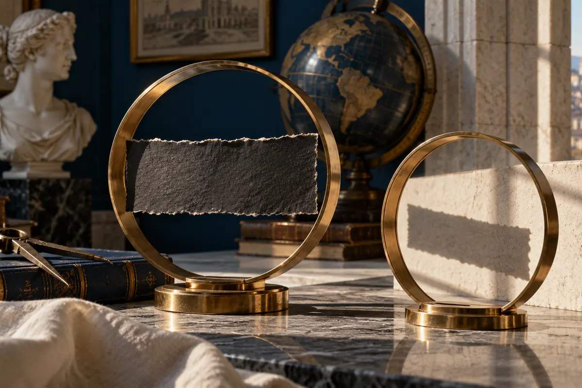 Two brass specimen rings frame paper and shadow.