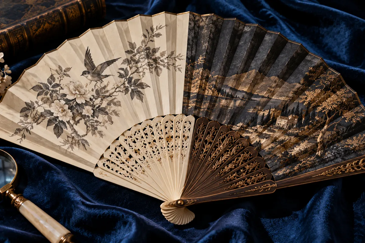 An ivory and charcoal fan arranged on a research table.