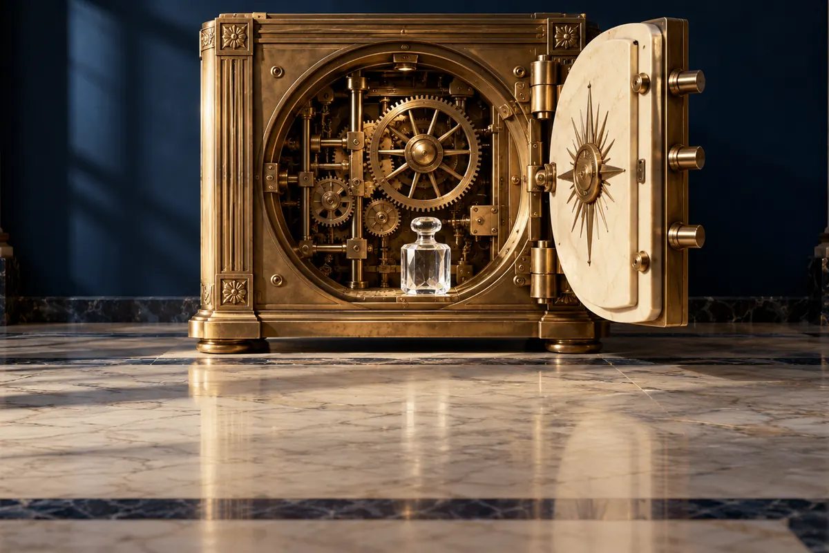 An open bronze vault holds a crystal weight.