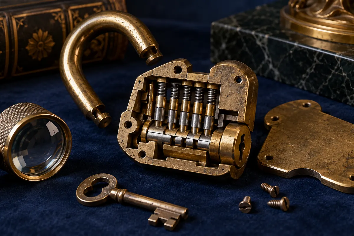 A loupe examines the visible mechanism of a brass lock.