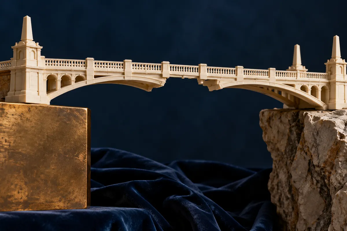 An ivory bridge spans a rocky chasm above cobalt silk.