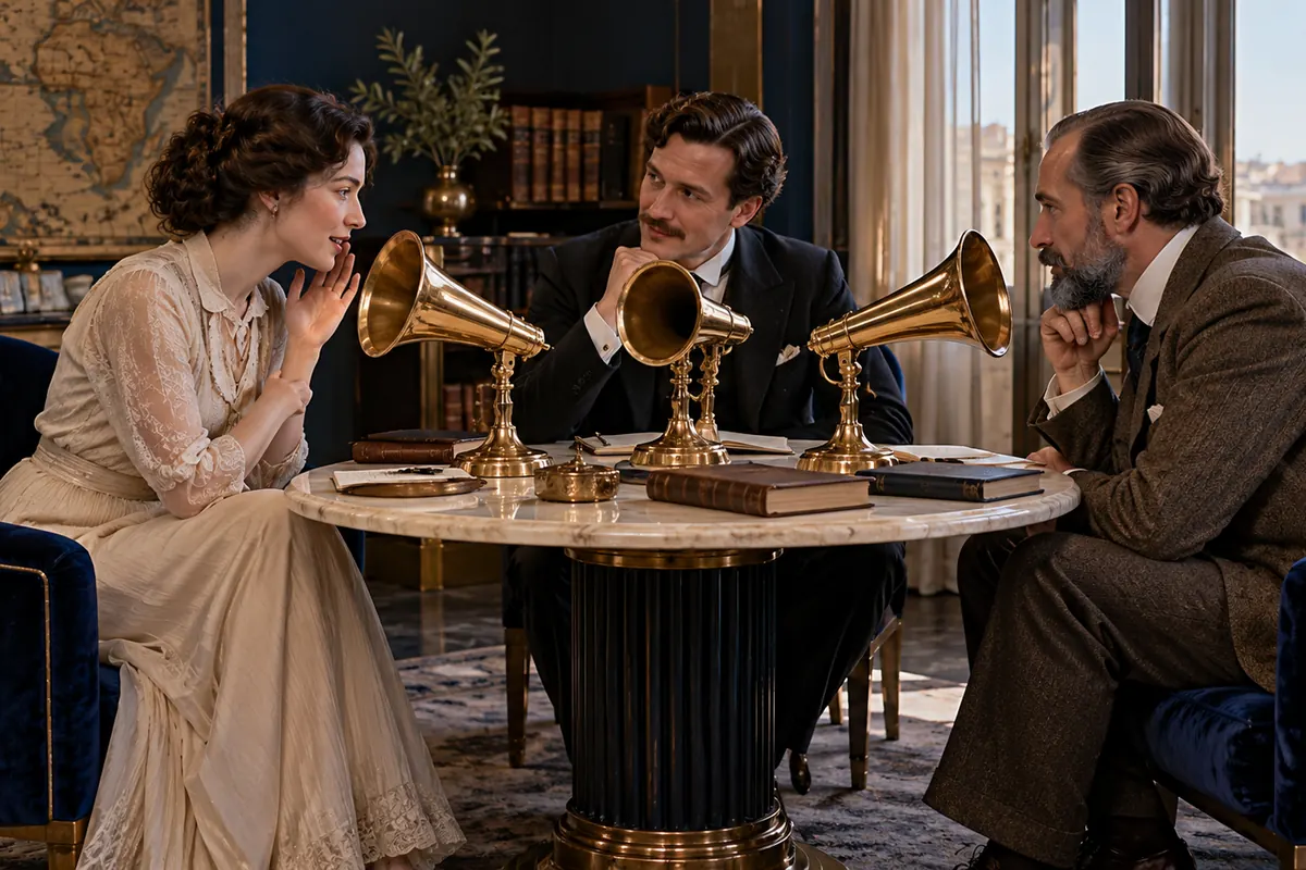 Period scholars gather around inward-facing brass speaking trumpets.