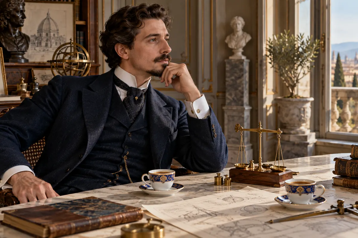 A scholar pauses with an espresso at a marble salon table.