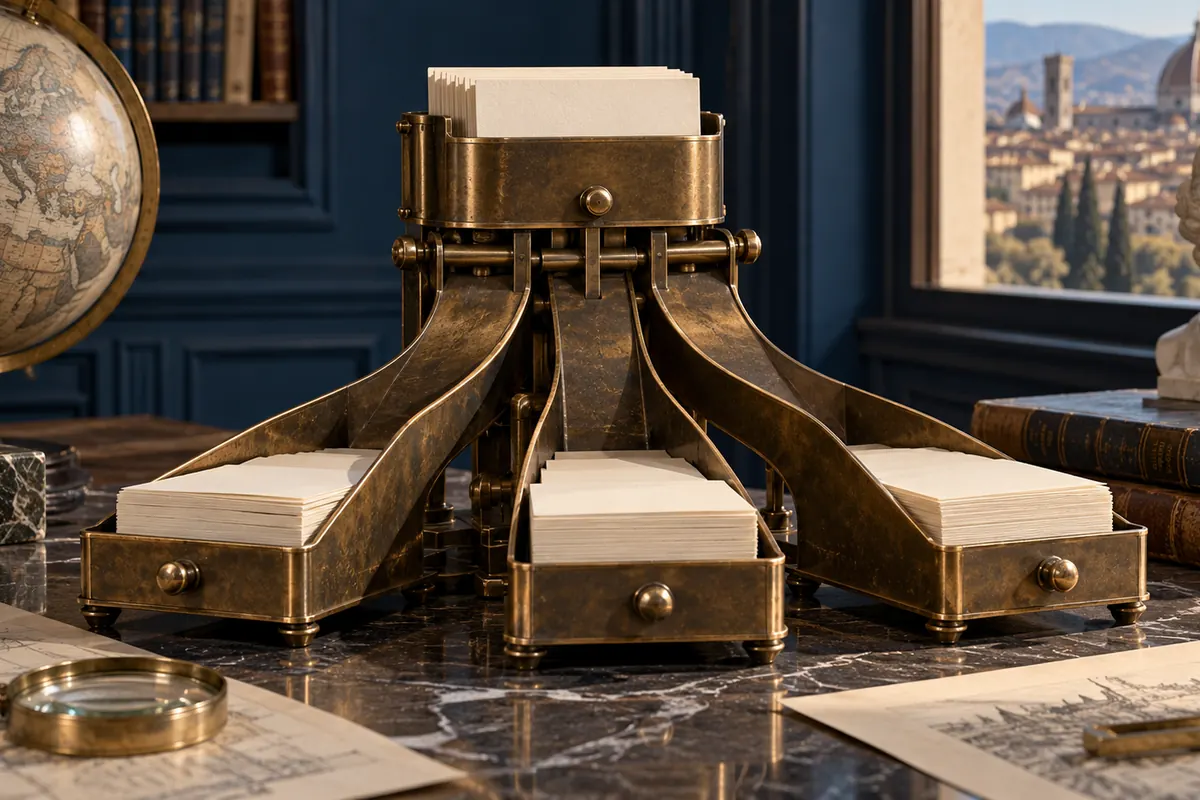 A bronze instrument sorts ivory cards through three channels.